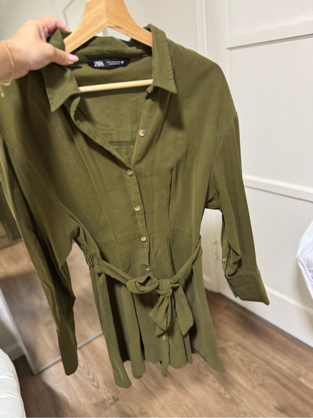 ZARA Olive Green Belted Button-Front Women's Dress
